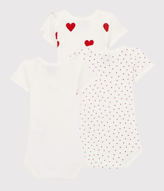 Petit Bateau Babies' Cotton Heart Print Bodysuits 3-Pack
