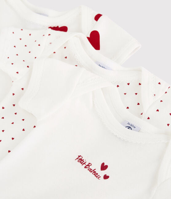 Petit Bateau Babies' Cotton Heart Print Bodysuits 3-Pack